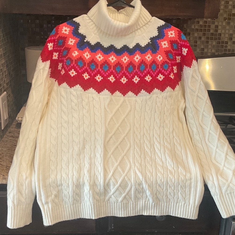 LOFT Fair Isle Turtleneck Sweater - White and Red